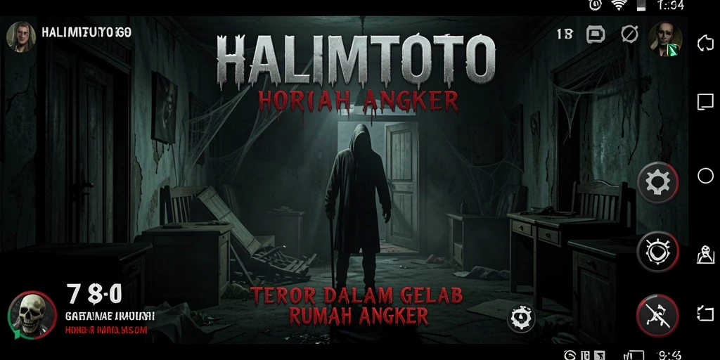 Antarmuka HALIMTOTO menampilkan suasana mencekam dari sebuah rumah angker.