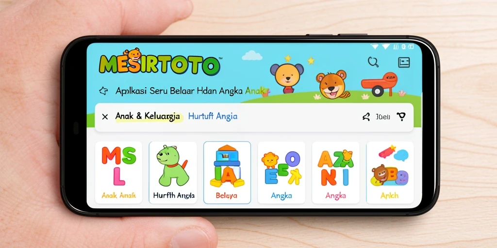 Tampilan antarmuka aplikasi MESIRTOTO untuk belajar huruf dan angka.