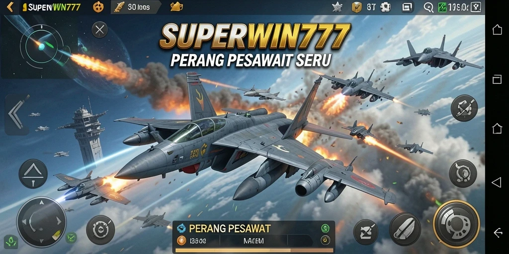 Tampilan antarmuka <strong>SUPERWIN777</strong> dengan pesawat tempur yang mendebarkan.